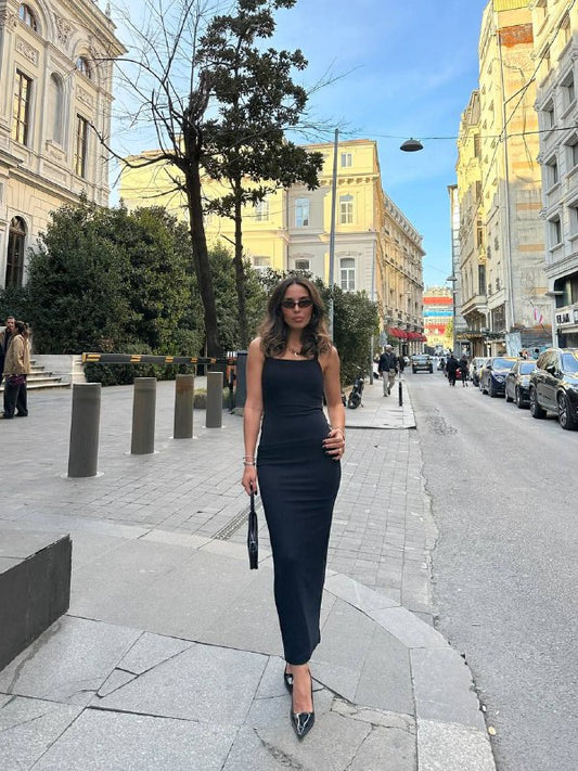 Fitilli  Kalın Askılı Uzun Elbise